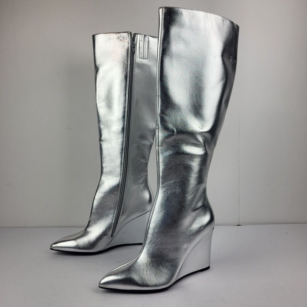 Open Edit Erik Knee High Wedge Boots Silver Metallic Cosmic Size 8M